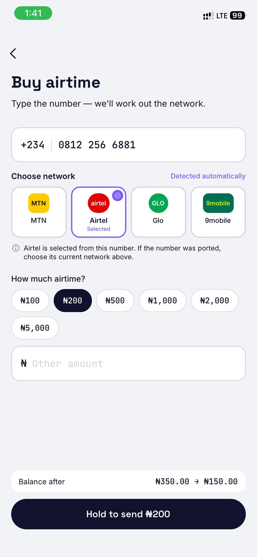 Buying Airtel airtime with the network visibly selected