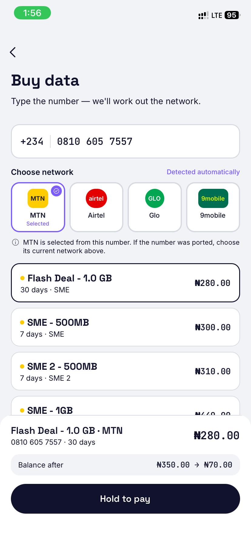 Choosing an MTN data plan with the payment confirmation ready