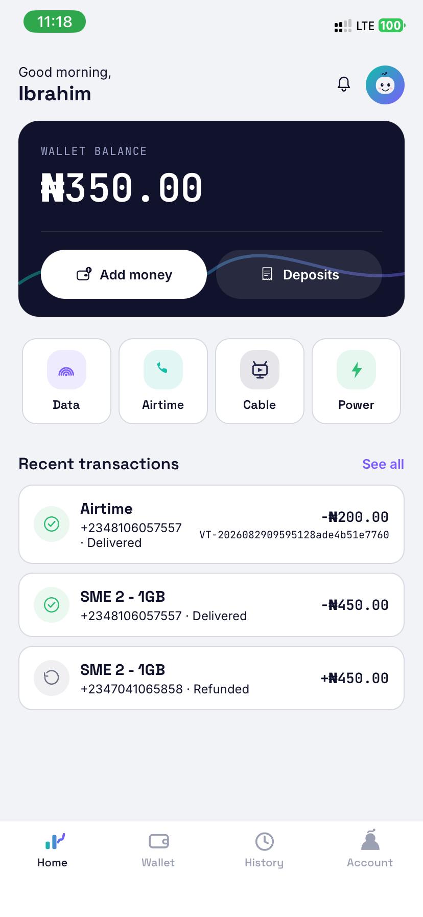 Kyma home screen showing the wallet balance, quick actions and recent transactions